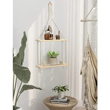 Bohemian Floating Wood Macrame Shelves for Home Decor