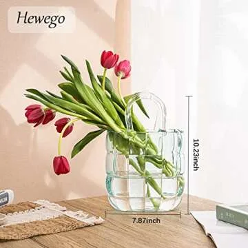 HEWEGO Aesthetic Glass Purpse Vase with Cabas Design,Light Blue Glass Vases with Air Bubbles,High Class Bag Glass Vase Blowing by Hand,Decor Glass Vase for Photo/Gift/Birthday/Anniversary(Vase Only)