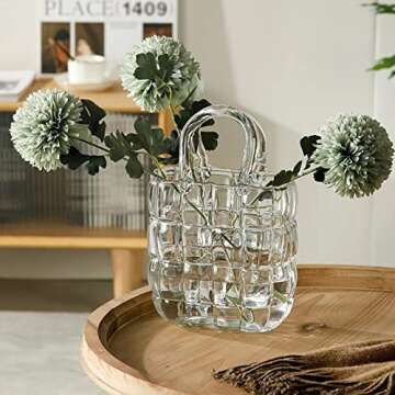HEWEGO Aesthetic Glass Purpse Vase with Cabas Design,Light Blue Glass Vases with Air Bubbles,High Class Bag Glass Vase Blowing by Hand,Decor Glass Vase for Photo/Gift/Birthday/Anniversary(Vase Only)