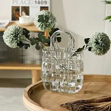 HEWEGO Aesthetic Glass Purpse Vase with Cabas Design,Light Blue Glass Vases with Air Bubbles,High Class Bag Glass Vase Blowing by Hand,Decor Glass Vase for Photo/Gift/Birthday/Anniversary(Vase Only)