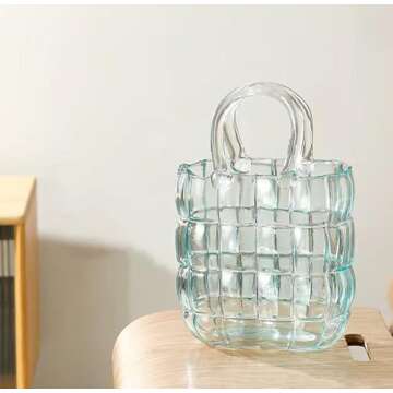 HEWEGO Aesthetic Glass Purpse Vase with Cabas Design,Light Blue Glass Vases with Air Bubbles,High Class Bag Glass Vase Blowing by Hand,Decor Glass Vase for Photo/Gift/Birthday/Anniversary(Vase Only)