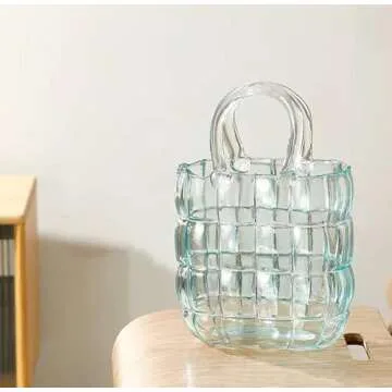 HEWEGO Aesthetic Glass Purpse Vase with Cabas Design,Light Blue Glass Vases with Air Bubbles,High Class Bag Glass Vase Blowing by Hand,Decor Glass Vase for Photo/Gift/Birthday/Anniversary(Vase Only)