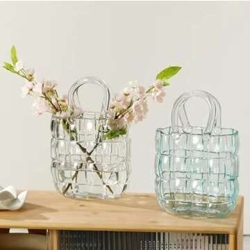 HEWEGO Aesthetic Glass Purpse Vase with Cabas Design,Light Blue Glass Vases with Air Bubbles,High Class Bag Glass Vase Blowing by Hand,Decor Glass Vase for Photo/Gift/Birthday/Anniversary(Vase Only)