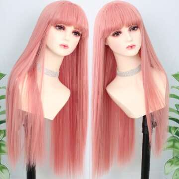 Fugady Pink Wig With Bangs Straight Wig For Women Synthetic Light Pink Wig Colorful Cosplay Wigs For...