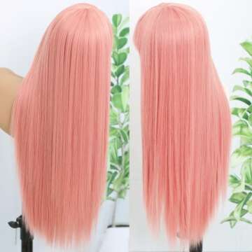 Fugady Pink Wig With Bangs Straight Wig For Women Synthetic Light Pink Wig Colorful Cosplay Wigs For Party And Daily Use Heat Resistant Fiber Full Machine Made（24" Light Pink