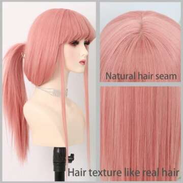 Fugady Pink Wig With Bangs Straight Wig For Women Synthetic Light Pink Wig Colorful Cosplay Wigs For Party And Daily Use Heat Resistant Fiber Full Machine Made（24" Light Pink