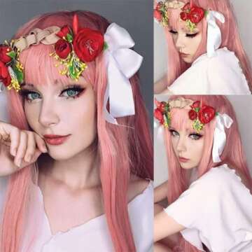 Fugady Pink Wig With Bangs Straight Wig For Women Synthetic Light Pink Wig Colorful Cosplay Wigs For Party And Daily Use Heat Resistant Fiber Full Machine Made（24" Light Pink