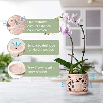 HERDUK Ceramic Orchid Pot, Orchid Pots with Drainage Holes & Saucer 6.5 Inch,Orchid Pot for Repotting Indoor, Orchid Containers with Precise Aeration & Drainage