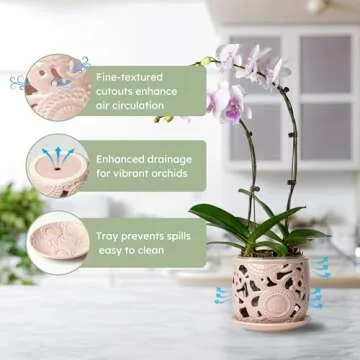 HERDUK Ceramic Orchid Pot, Orchid Pots with Drainage Holes & Saucer 6.5 Inch,Orchid Pot for Repotting Indoor, Orchid Containers with Precise Aeration & Drainage