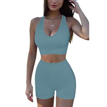 QINSEN Ribbed Yoga Shorts & Bra Set for Women