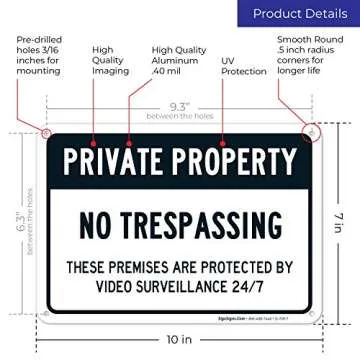 Sigo Signs, Private Property No Trespassing Sign - (4 Pack) - Video Survelliance Sign | 10x7 Inches,Rust Free 0.40 Aluminum, Fade Resistant, Indoor/Outdoor Use, Made in USA