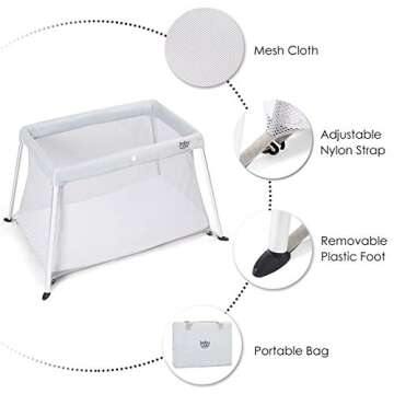 BABY JOY 2 in 1 Travel Crib with Side Zipper, Portable Pack and Play with Soft Washable Mattress, Lightweight Installation-Free Home Playard with Carry Bag, for Infants &Toddlers (Light Sliver)