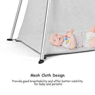 BABY JOY 2 in 1 Travel Crib with Side Zipper, Portable Pack and Play with Soft Washable Mattress, Lightweight Installation-Free Home Playard with Carry Bag, for Infants &Toddlers (Light Sliver)