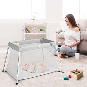 BABY JOY 2 in 1 Travel Crib with Side Zipper, Portable Pack and Play with Soft Washable Mattress, Lightweight Installation-Free Home Playard with Carry Bag, for Infants &Toddlers (Light Sliver)