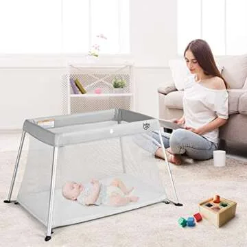 BABY JOY 2 in 1 Travel Crib with Side Zipper, Portable Pack and Play with Soft Washable Mattress, Lightweight Installation-Free Home Playard with Carry Bag, for Infants &Toddlers (Light Sliver)