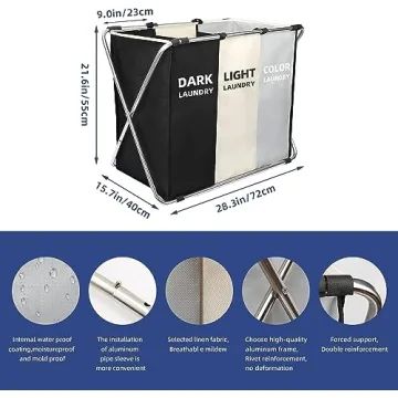 180L Collapsible 3-Section Laundry Hamper for Home