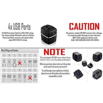 Bonazza Universal International Travel Adapter Kit with 4Amps 4 USB Ports - UK, US, AU, Europe All In One Plug Adapter - Over 150 Countries & USB Power Adapter for iPhone, Android, All USB Devices (FC-4U)