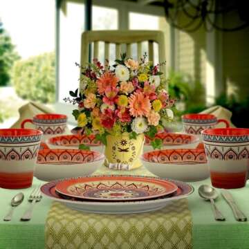 Elama Multicolored Round Stoneware Mandala Pattern Dinnerware Set, 16 Piece, Red