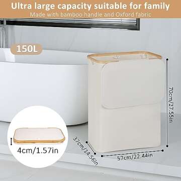 iEGrow 150L Laundry Basket with Lid, Large Laundry Hamper with Bamboo Handle, Collapsible Dirty Clothes Hamper Organizer with Removable Inner Bag for Clothes Toys Towels -Beige