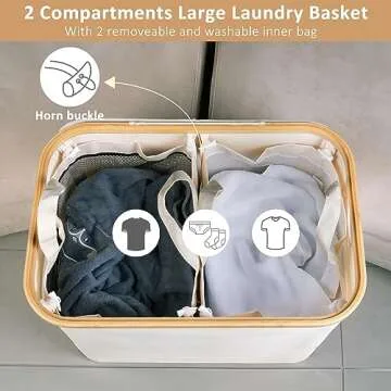 iEGrow 150L Laundry Basket with Lid, Large Laundry Hamper with Bamboo Handle, Collapsible Dirty Clothes Hamper Organizer with Removable Inner Bag for Clothes Toys Towels -Beige