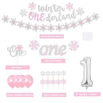 Winter Onederland Birthday Decorations, Winter Onederland 1st Birthday Girl Decorations, Snowflake Photo Banner Highchair Banner Balloon Garland for Winter Wonderland Snowflake Baby First Birthday
