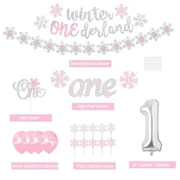 Winter Onederland Birthday Decorations, Winter Onederland 1st Birthday Girl Decorations, Snowflake Photo Banner Highchair Banner Balloon Garland for Winter Wonderland Snowflake Baby First Birthday