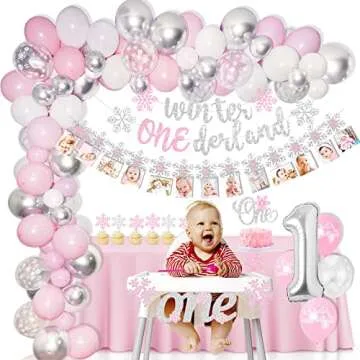 Winter Onederland Birthday Decorations, Winter Onederland 1st Birthday Girl Decorations, Snowflake Photo Banner Highchair Banner Balloon Garland for Winter Wonderland Snowflake Baby First Birthday