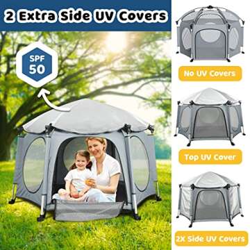 Portable Playpen for Babies and Toddlers - PRObebi Pop Up Playpen for Baby with Three Sun-Shade, Lightweight Outdoor Play Yard - Beach Playpen with Travel Bag - for Home & Indoor Use - Grey