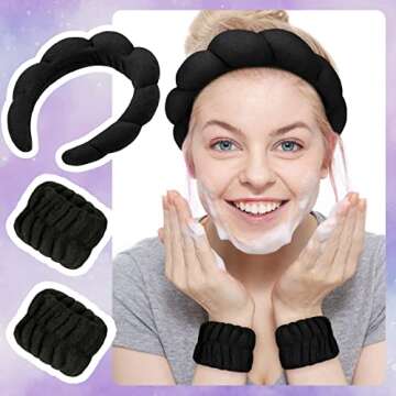 1 Set Makeup Headband Puffy Spa Headband Sponge Terry Towel Cloth Fabric Headbands Spa Wristband for Women Cute Hair Accessories for Skincare Shower Face Washing Makeup Removal Facial Mask (Black)