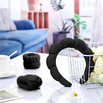 1 Set Makeup Headband Puffy Spa Headband Sponge Terry Towel Cloth Fabric Headbands Spa Wristband for Women Cute Hair Accessories for Skincare Shower Face Washing Makeup Removal Facial Mask (Black)