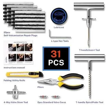 AUTOWN Flat Tire Repair Kit with Plugs 31 Pcs for Car, Motorcycle, ATV, Jeep, Truck, Tractor Flat Ti...