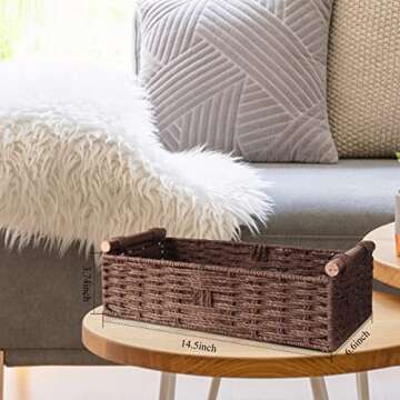 Round Paper Rope Storage Basket Wicker for Organizing with Handle, Decorative Bins Countertop Toilet Paper for Tank Top Small Set, Brown
