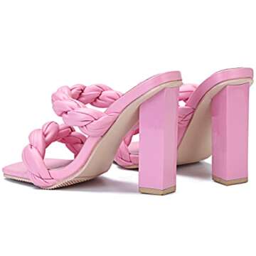 risdoada Women's Block Chunky Heels Sandals Braided Square Toe Mules Slip On Open Toe Backless Fashion Sexy Dress Wedding High Heel Slippers Slides Pink Matte PU Leather Size US 7 CN 37