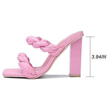 risdoada Women's Block Chunky Heels Sandals Braided Square Toe Mules Slip On Open Toe Backless Fashion Sexy Dress Wedding High Heel Slippers Slides Pink Matte PU Leather Size US 7 CN 37