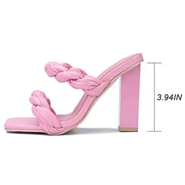 risdoada Women's Block Chunky Heels Sandals Braided Square Toe Mules Slip On Open Toe Backless Fashion Sexy Dress Wedding High Heel Slippers Slides Pink Matte PU Leather Size US 7 CN 37