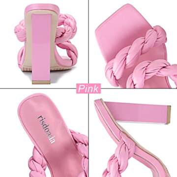 risdoada Women's Block Chunky Heels Sandals Braided Square Toe Mules Slip On Open Toe Backless Fashion Sexy Dress Wedding High Heel Slippers Slides Pink Matte PU Leather Size US 7 CN 37