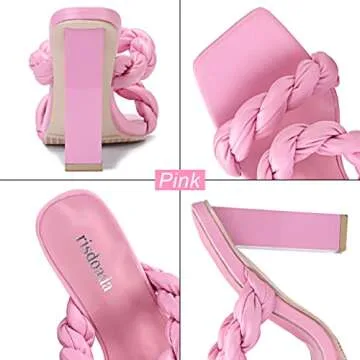 risdoada Women's Block Chunky Heels Sandals Braided Square Toe Mules Slip On Open Toe Backless Fashion Sexy Dress Wedding High Heel Slippers Slides Pink Matte PU Leather Size US 7 CN 37