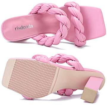risdoada Women's Block Chunky Heels Sandals Braided Square Toe Mules Slip On Open Toe Backless Fashion Sexy Dress Wedding High Heel Slippers Slides Pink Matte PU Leather Size US 7 CN 37