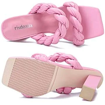 risdoada Women's Block Chunky Heels Sandals Braided Square Toe Mules Slip On Open Toe Backless Fashion Sexy Dress Wedding High Heel Slippers Slides Pink Matte PU Leather Size US 7 CN 37