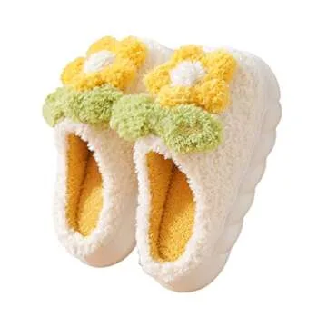 WYIKE Women's Warm Plush Flower Slippers - Thick Non-slip Indoor Home Slippers for Women and Men