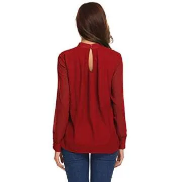 SoTeer Chiffon Blouse Women Loose Casual Long Sleeve Tops Layered Dress Shirts for Women Ponceau Large