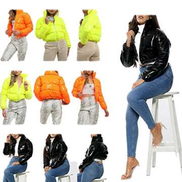 AMEBELLE Women Winter Warm Stand Collar Slim Fit Cropped Puffer Down Jacket Coats (Black, Large)