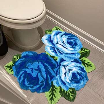 USTIDE Blue Rose Rug U-Shaped Bathroom Rug Non Slip Shaggy Toilet Mat Absorbent Machine Washable Toilet Rug Bath Mat for Bathroom 27.5''x23.6''