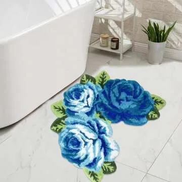 USTIDE Blue Rose Rug U-Shaped Bathroom Rug Non Slip Shaggy Toilet Mat Absorbent Machine Washable Toilet Rug Bath Mat for Bathroom 27.5''x23.6''