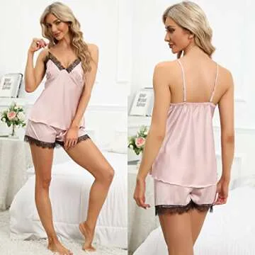 SAPJON Pajamas for Women Silk Pajama Set 4pcs Cami Top Shorts Nightgown Sleepwear Robe Sets Cute Stain Pjs for Women A Pink