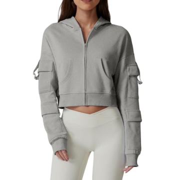 QINSEN Womens Cropped Zip Up Hoodies Long Sleeve Sweatshirts Jackets Hooded Pullover Sweaters Grey L