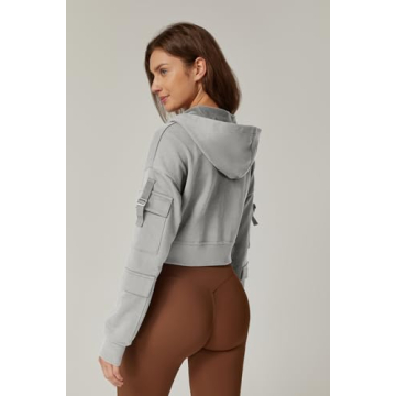 Stylish QINSEN Women's Cropped Zip Up Hoodie Grey