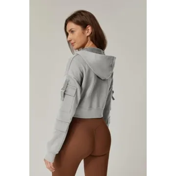 Stylish QINSEN Women's Cropped Zip Up Hoodie Grey