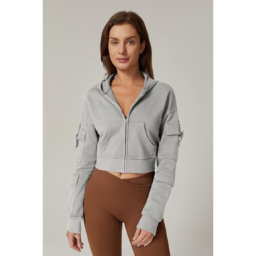 Stylish QINSEN Women's Cropped Zip Up Hoodie Grey