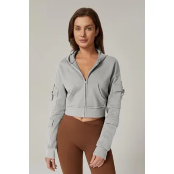 Stylish QINSEN Women's Cropped Zip Up Hoodie Grey